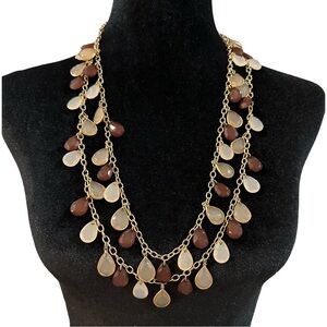 Charming Charlie Necklace Teardrop Fringe Gold Tone Brown Pale Pink
